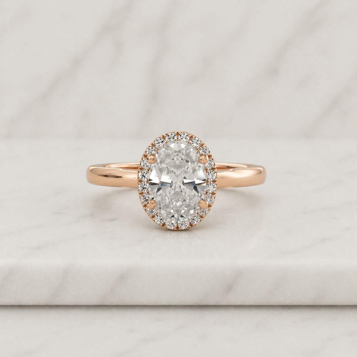 1.25ct lab-grown diamond engagement ring perfect as a travel ring with oval halo design