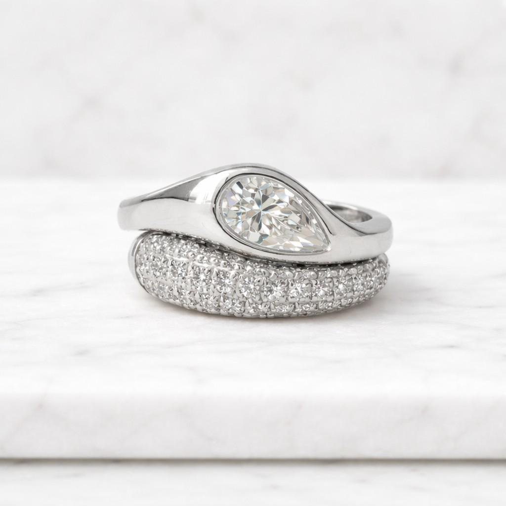 tear drop ring set, 9x6 mm pear cut simulated diamond set in flush set east to west setting, domed ring & band curved to fit together