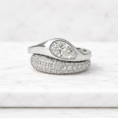 Tear Drop Ring Set, 9X6 mm Pear Cut Simulated Diamond Set In Flush Set East To West Setting, Domed Ring & Band Curved To Fit Together