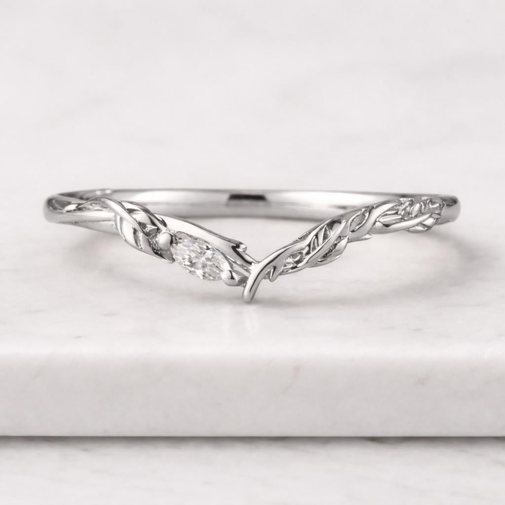 Marquise Cut Moissanite Curved Wedding Band Vintage 14K Yellow Gold Nature Inspired Leaf Diamond Bridal Set Enhancer Stacking Matching Ring