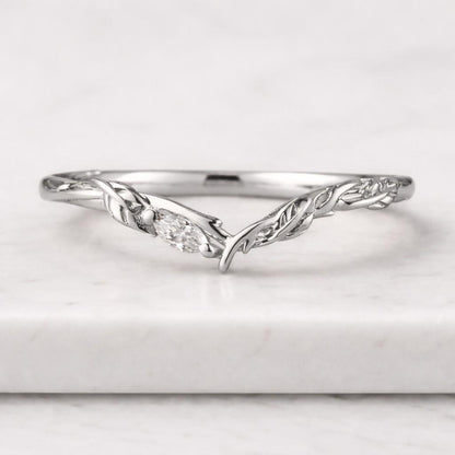 Marquise Cut Moissanite Curved Wedding Band Vintage 14K Yellow Gold Nature Inspired Leaf Diamond Bridal Set Enhancer Stacking Matching Ring