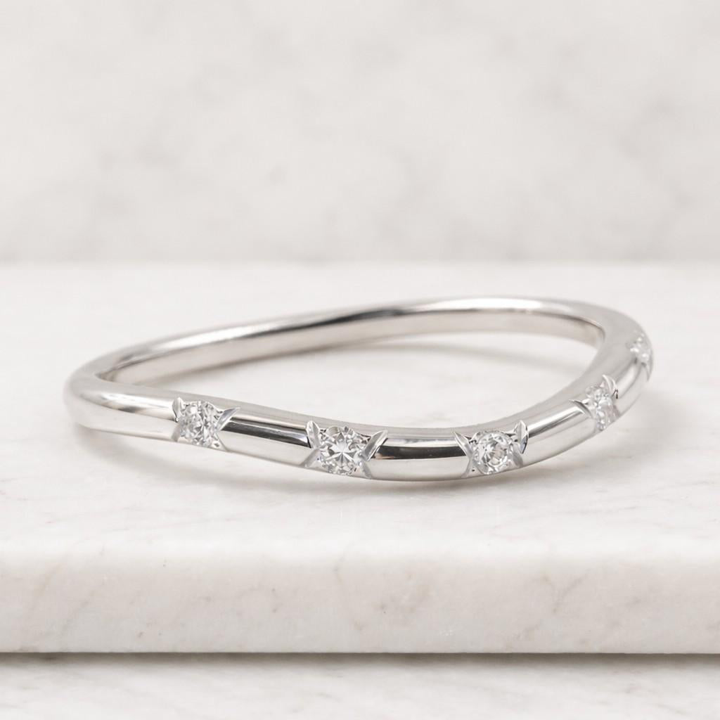 flush set curved wide band, 14k solid gold lab grown diamond ring, round cut matching wedding band, unique eternity stacking ring for her
