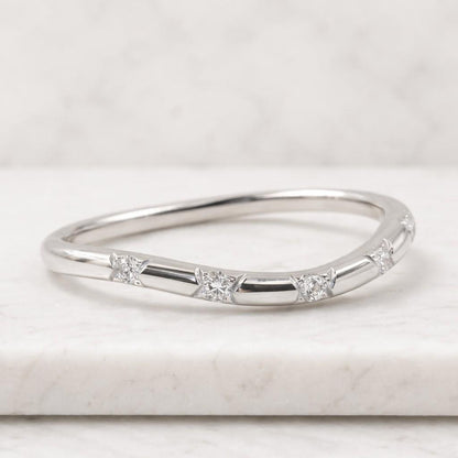 Flush Set Curved Wide Band, 14K Solid Gold Lab grown Diamond Ring, Round Cut Matching Wedding Band, Unique Eternity Stacking Ring for Her
