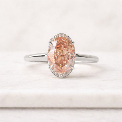 Oval Cut Simulated Anniversary Ring, Floral White Pink Halo Setting Ring For Her, 925 Silver Utility Oval Cut Halo Set Women Ring