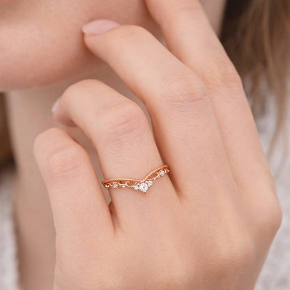  Round Cut Lab Grown Diamond Curved Wedding Band 14K Gold Dainty V Shaped Chevron band Pave Set Stackable Band Anniversary Gift


