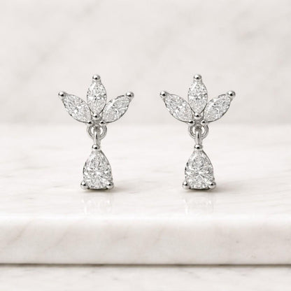 Pear & Marquise Cut Moissanite Drop Earrings Floral Bridal Earrings Dainty Wedding Jewelry White Gold Earrings Luxury Gift for Her
