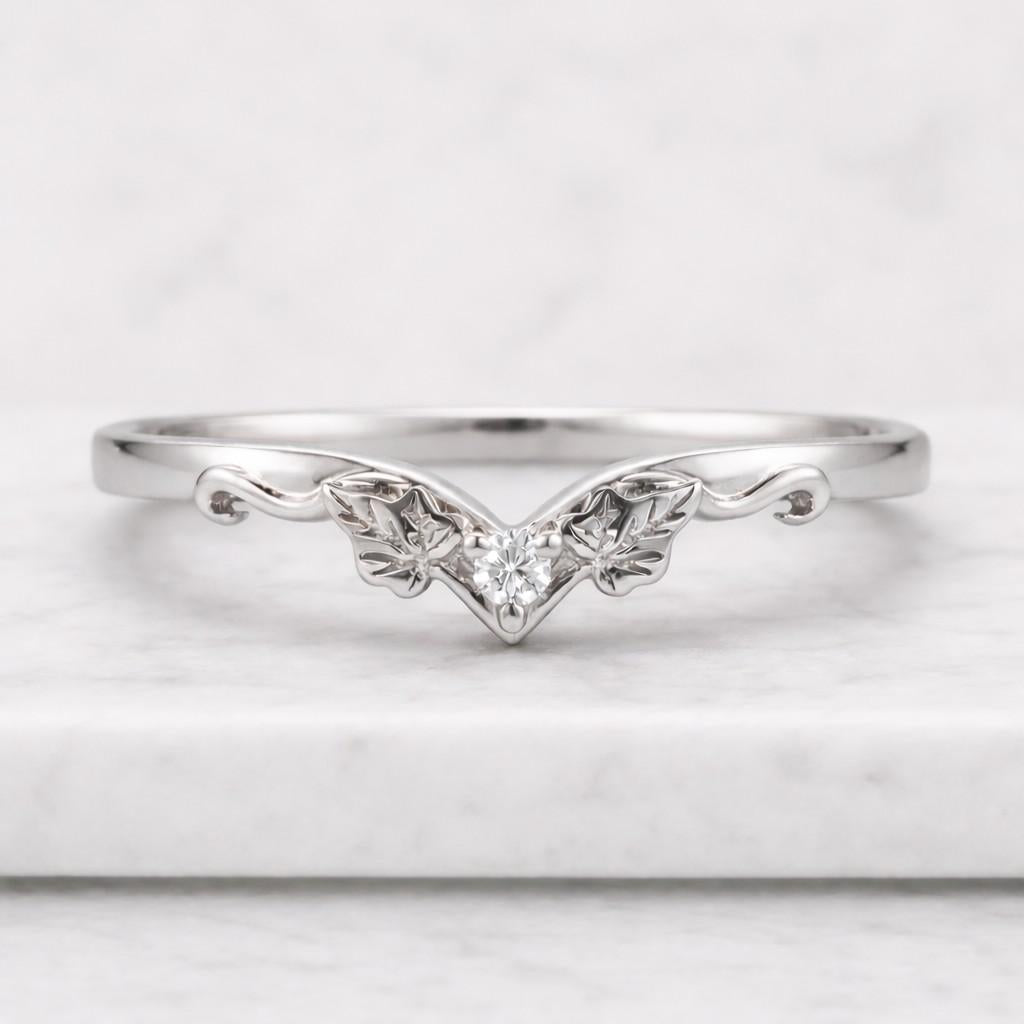 dainty vintage engraved curved wedding band, round lab grown diamond ring, leafy vine engagement ring,14k gold nesting stacking band for her