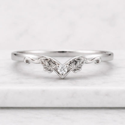 Dainty Vintage Engraved Curved Wedding Band, Round Lab Grown Diamond Ring, Leafy Vine Engagement Ring,14K Gold Nesting Stacking Band For Her