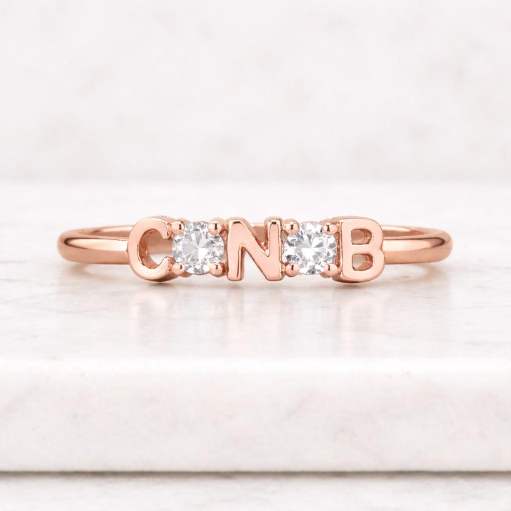 14k Gold Diamond Initial Ring,Gold Letter Signet Ring, Personalized Chain Band, Gold Diamond Gemstone Wedding Band, Promise Ring,Custom Ring
