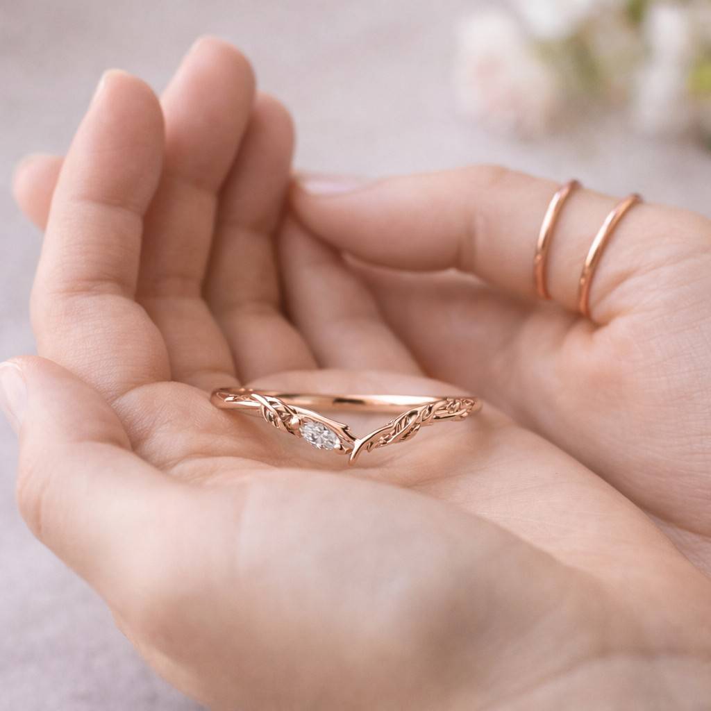 14k gold marquise diamond ring, delicate leaves nature inspired stacking wedding band
