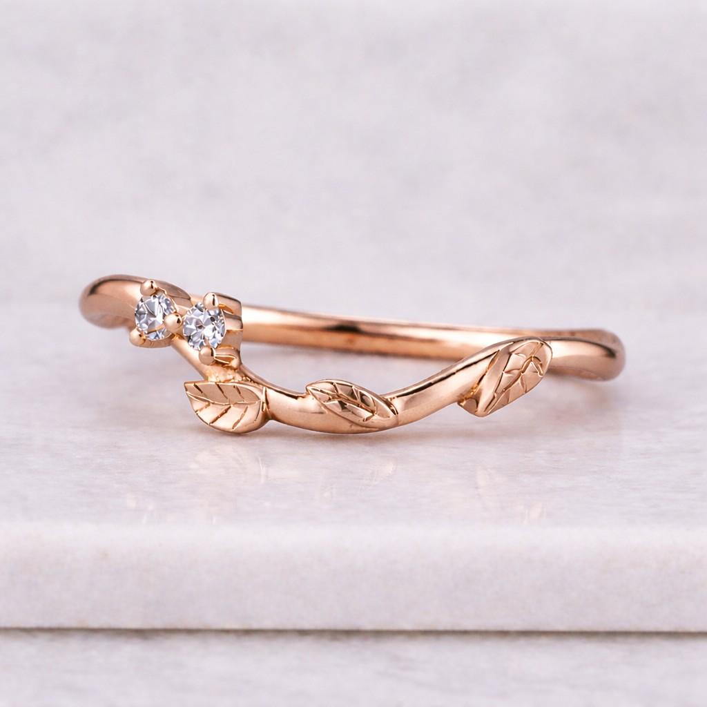Vintage Leaf Moissanite Curved Wedding band Unique Twig Rose gold wedding band woman Diamond Matching Stackable Promise Anniversary ring