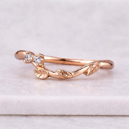 Vintage Leaf Moissanite Curved Wedding band Unique Twig Rose gold wedding band woman Diamond Matching Stackable Promise Anniversary ring