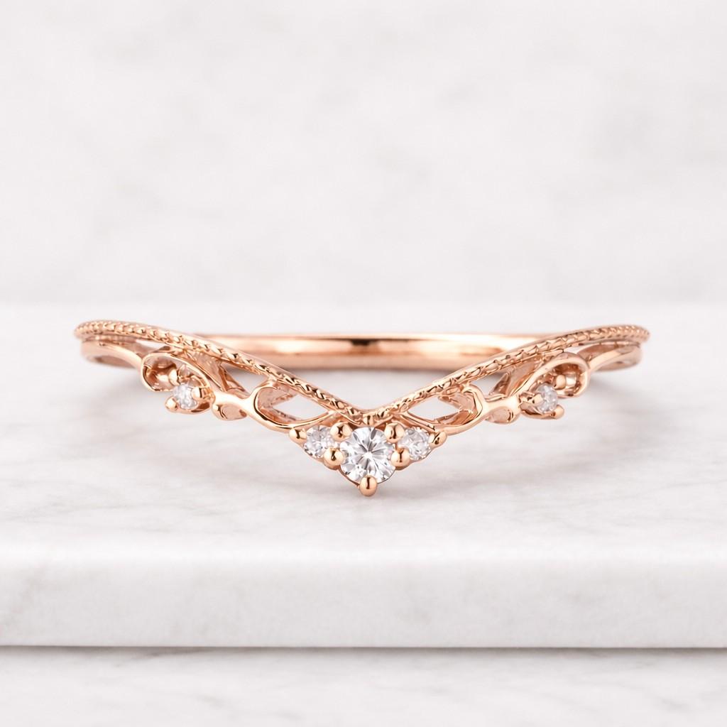 alexandrite curved wedding band vintage rose gold chevron wedding band round cut diamond stackable ring v shaped ring anniversary ring