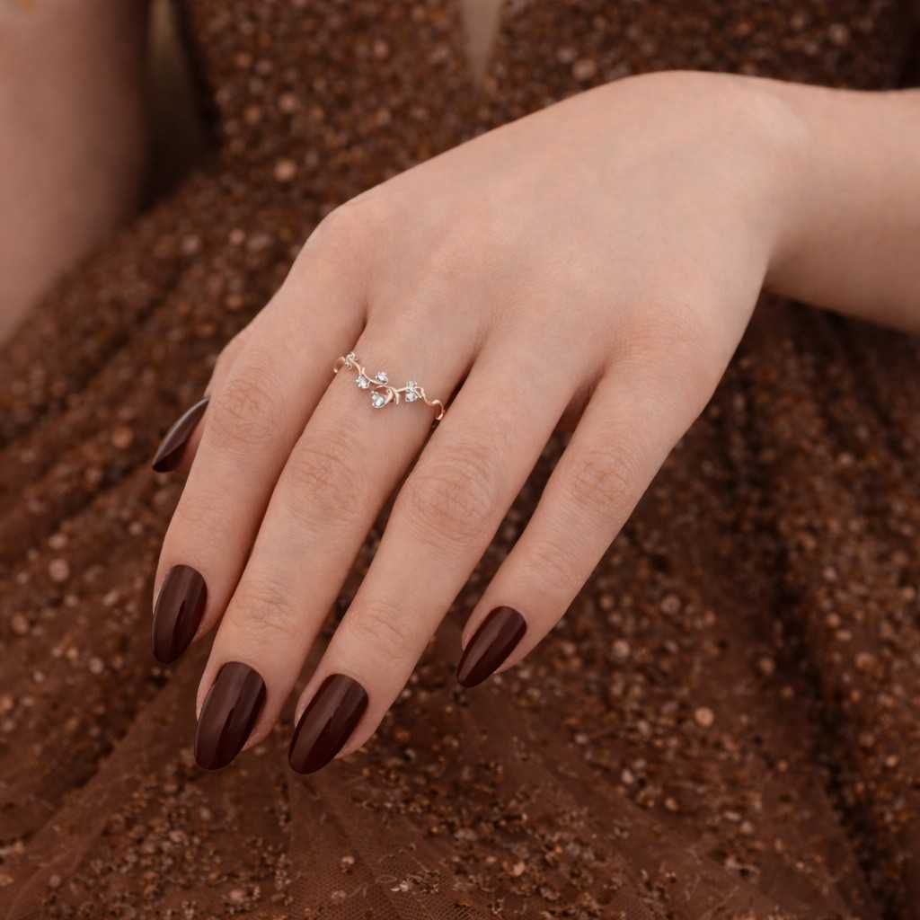 Round Cut Lab Grown Diamond Curved Wedding Band 14K Solid Gold Ring Leaf Nature Inspired Stacking Band Minimalist Vine Ring Gift For Women