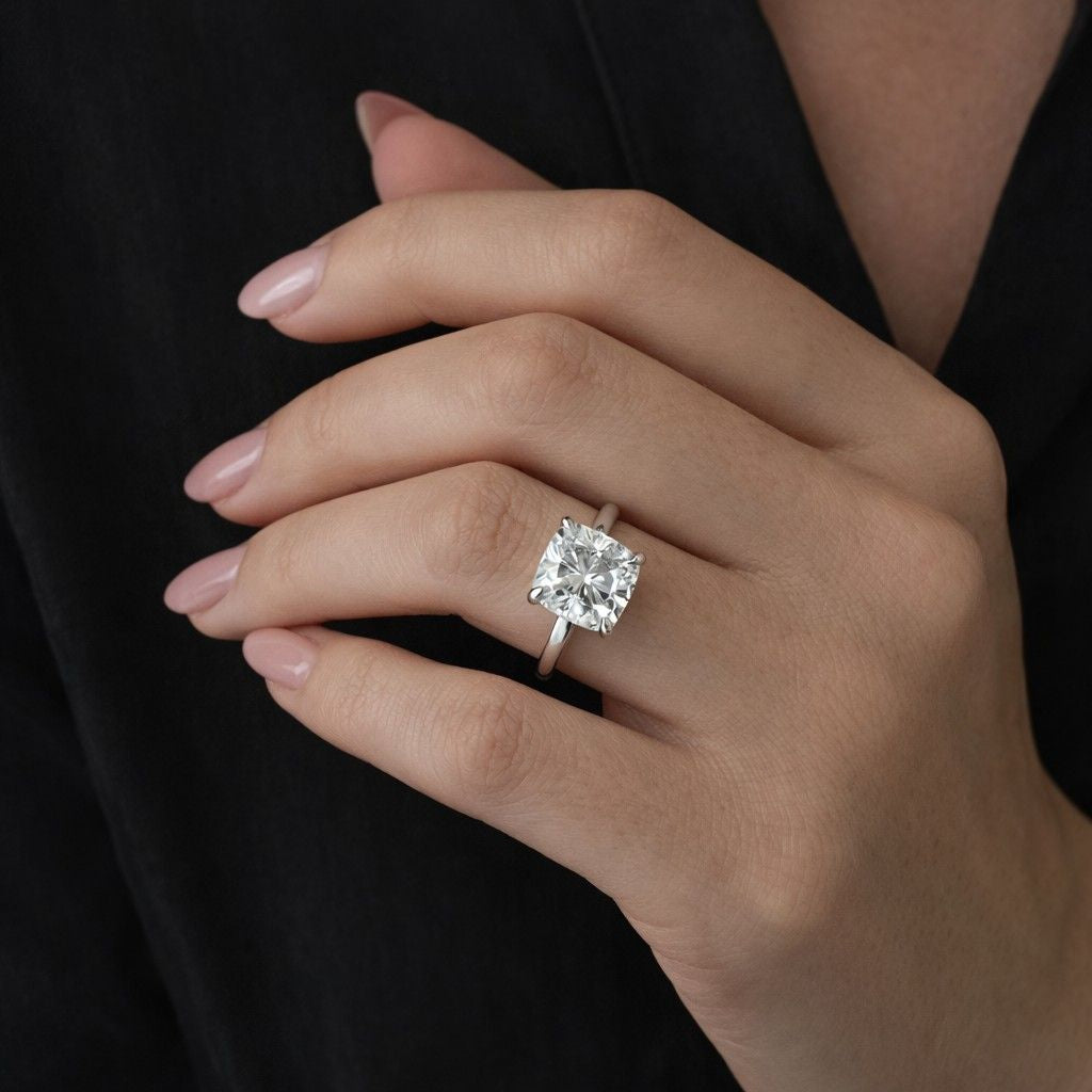 lab grown cushion diamond engagement ring in yellow gold solitaire setting close up sparkle high clarity diamond ring for women proposal jewelry minimalist bridal ring usa popular engagement ring design