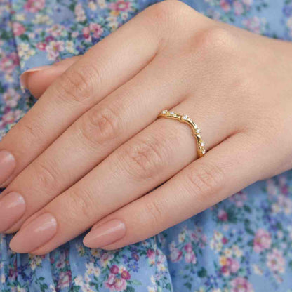 Celestial Diamond Curved Wedding Band | 14K Gold Stacking Ring with Star Engravings & Natural Diamonds | Anniversary Gift for Her