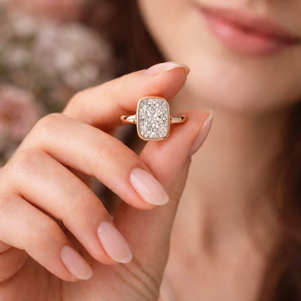 lab grown diamond elongated cushion ring gold bezel setting engagement ring for women modern clean design diamond ring proposal ring usa trending bridal jewelry