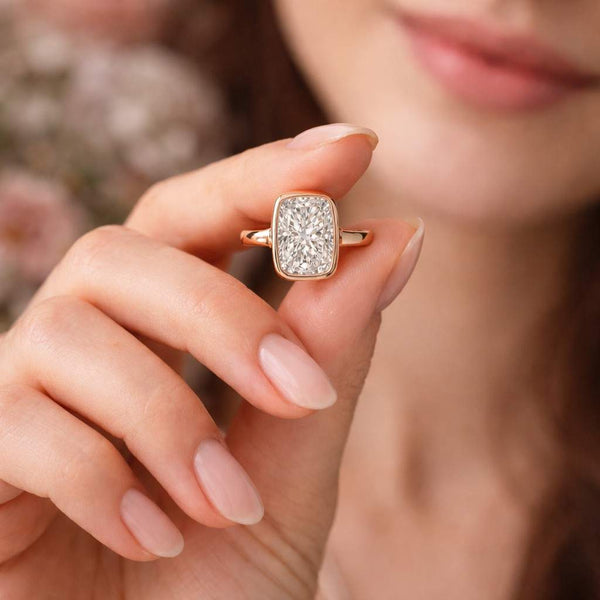 lab grown diamond elongated cushion ring gold bezel setting engagement ring for women modern clean design diamond ring proposal ring usa trending bridal jewelry