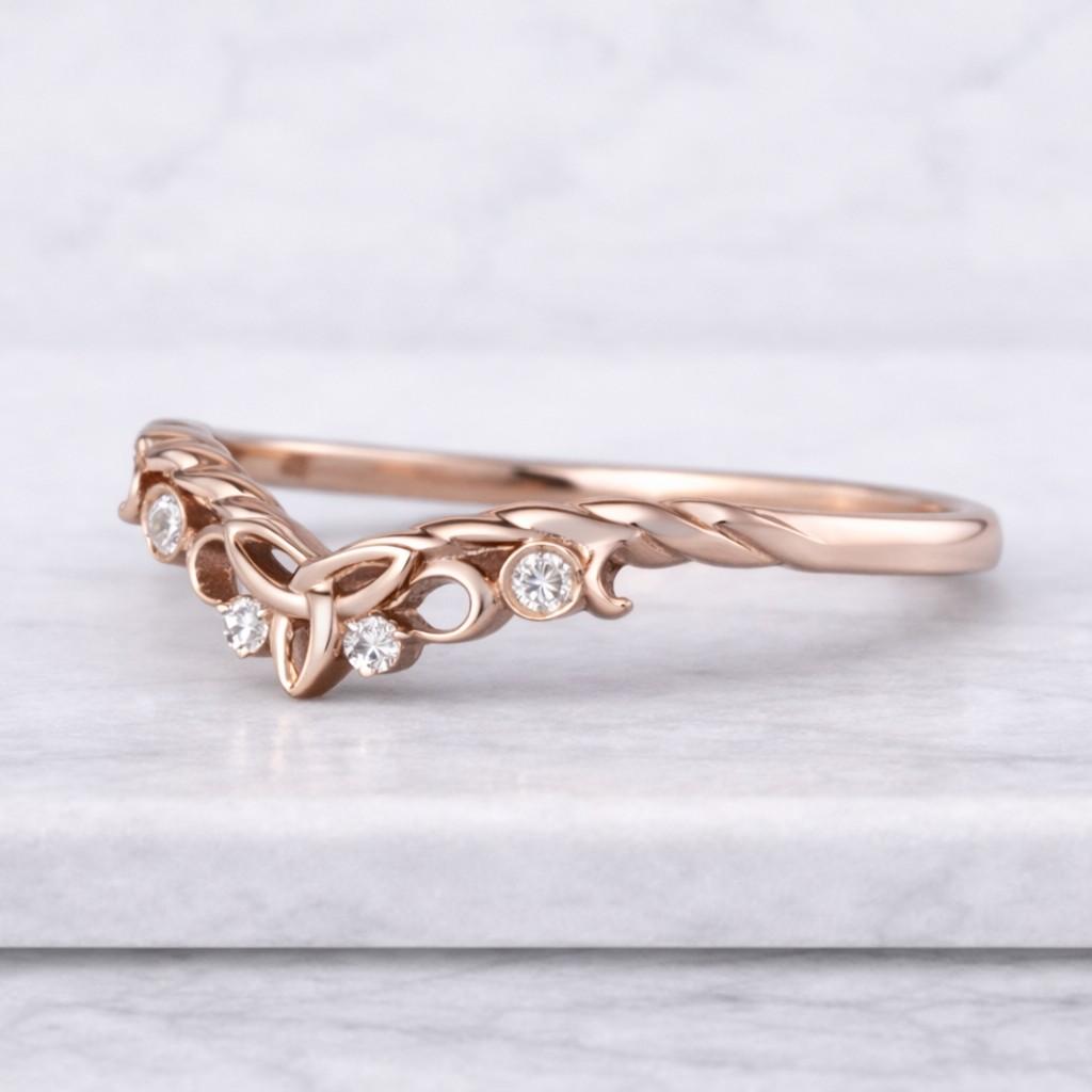 nature inspired leaf wedding band, 14k rose gold moissanite curved ring, pear shaped vine twig matching band, cottagecore bridal jewelry