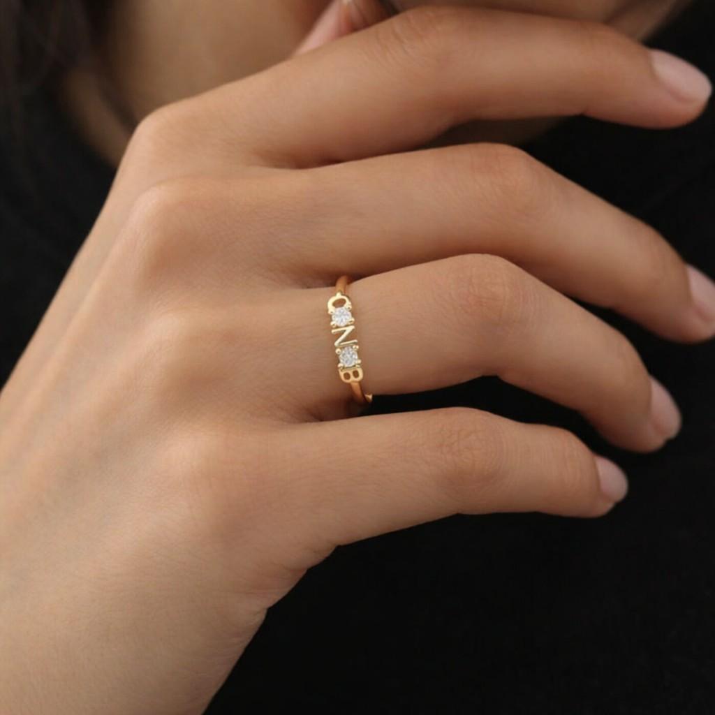 personalized couple initial ring, solid gold lab grown diamond ring, custom two letter name ring, heart diamond wedding, anniversary gift
