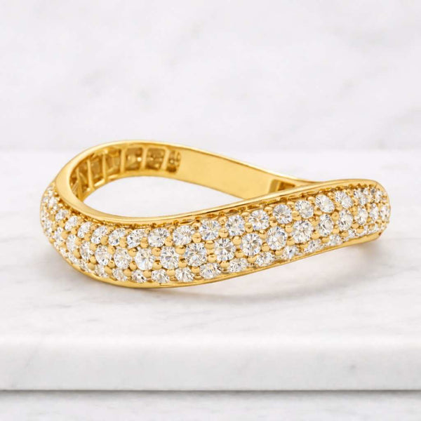 Curved Diamond Wedding Band Set | 14K Gold Stacking Wave Rings | Dainty Pavé Contour Anniversary Band | Unique Gold Bridal Ring Set