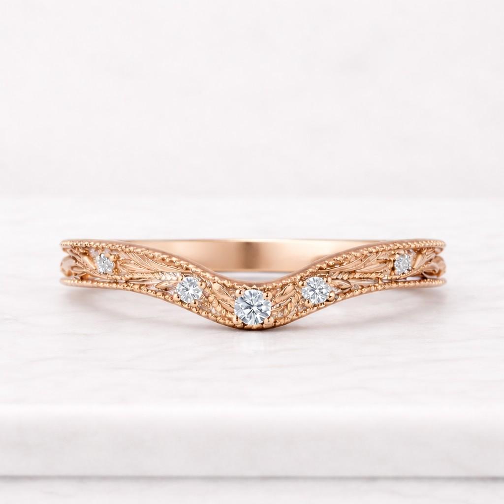Vintage Inspired Curved Wedding Band, Leafy Vine Engraved Stacking Band, Round Lab Grown Diamond Band, 14K Gold Nesting Milgrain Set Ring

