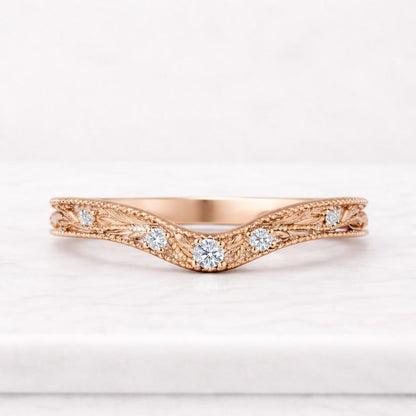 Vintage Inspired Curved Wedding Band, Leafy Vine Engraved Stacking Band, Round Lab Grown Diamond Band, 14K Gold Nesting Milgrain Set Ring

