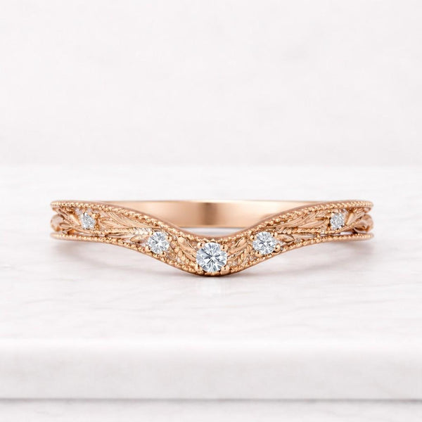 Vintage Inspired Curved Wedding Band, Leafy Vine Engraved Stacking Band, Round Lab Grown Diamond Band, 14K Gold Nesting Milgrain Set Ring

