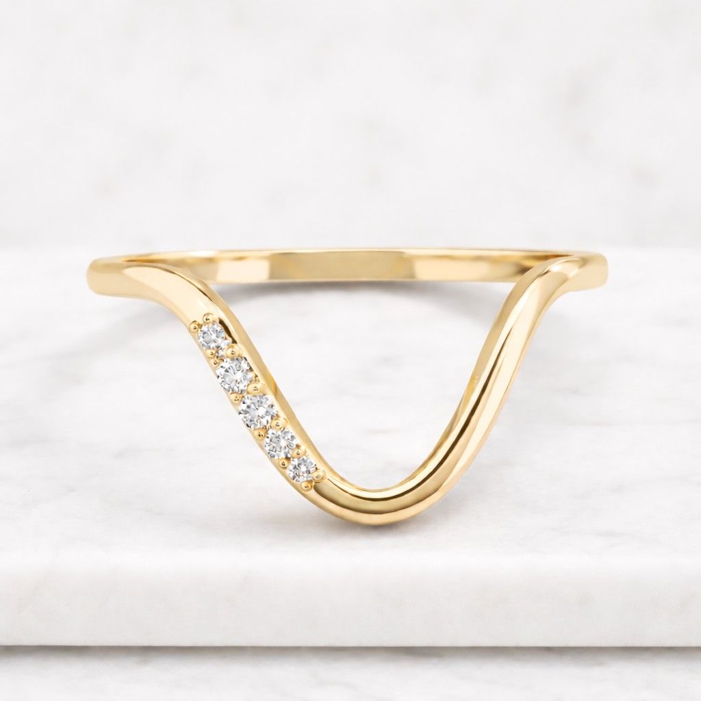 Custom Curved Ring Wedding Band for Women Real Lab Diamond Band Ring Anniversary Gift for Wife Her Chevron Ring Round Diamond Stacking Ring