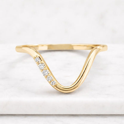 Custom Curved Ring Wedding Band for Women Real Lab Diamond Band Ring Anniversary Gift for Wife Her Chevron Ring Round Diamond Stacking Ring