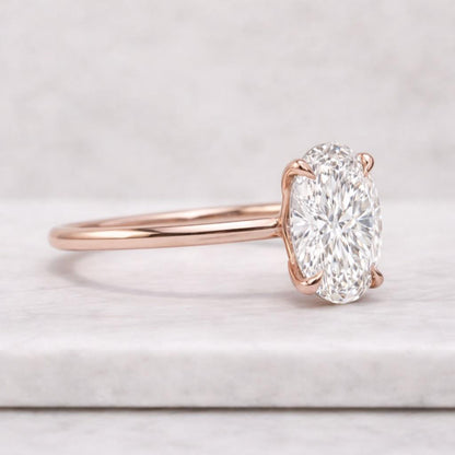 1.5 ct Hidden halo engagement ring, solitaire oval lab diamond ring, Hidden Halo 6x8mm Oval Cut Solitaire Engagement Ring in 14K Yellow gold
