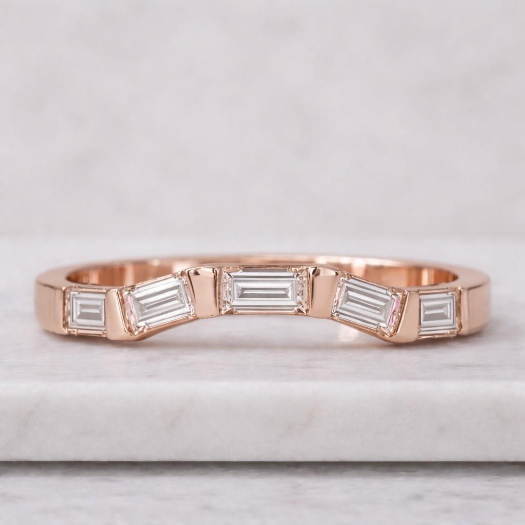 gold curved lab diamond baguette dainty stacking band wedding band, 14k yellow gold matching promise personalized ring, anniversary gift her
