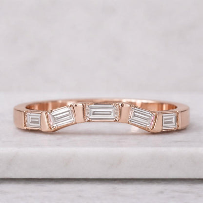 Gold Curved Lab Diamond Baguette Dainty Stacking Band Wedding Band, 14K Yellow Gold Matching Promise Personalized Ring, Anniversary Gift Her
