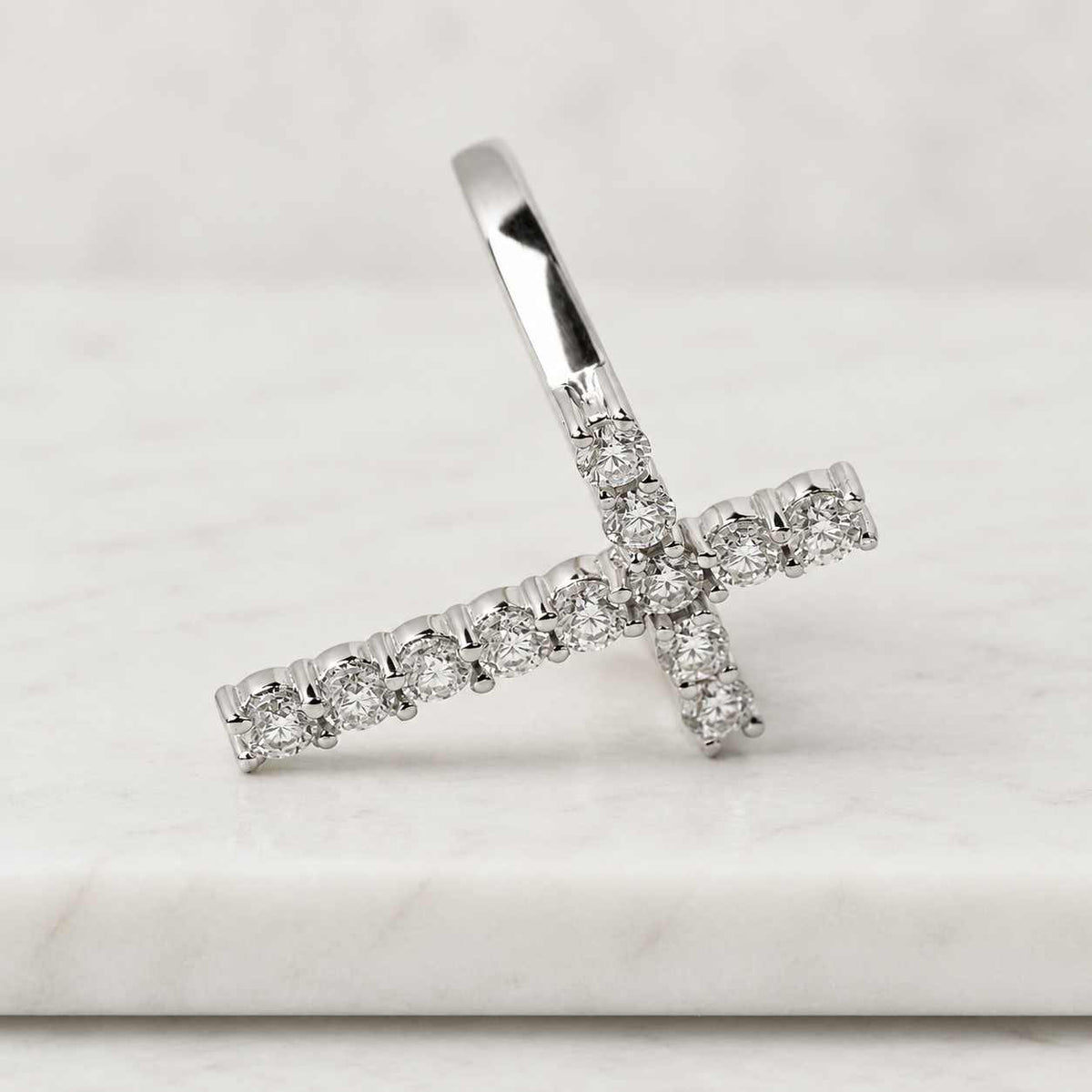white gold diamond cross ring, half eternity wedding band, minimalist stackable ring
