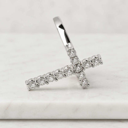White Gold Diamond Cross Ring, Half Eternity Wedding Band, Minimalist Stackable Ring
