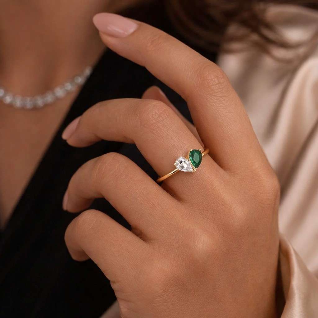 solid gold pear cut toi et moi moissanite engagement ring, green moissanite two stone ring