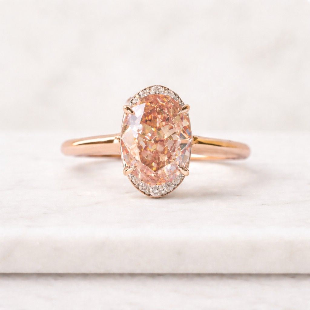 3ct oval cut moissanite anniversary ring, floral white pink halo setting ring for her, 14k rose gold utility oval cut halo set women ring.