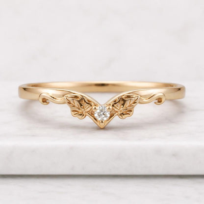 Maple Leaf Diamond Band, Nature Inspired Vine Ring, Certified Round Cut Natural Diamond Band, Botanical Stackable Matching Band, 14k Gold