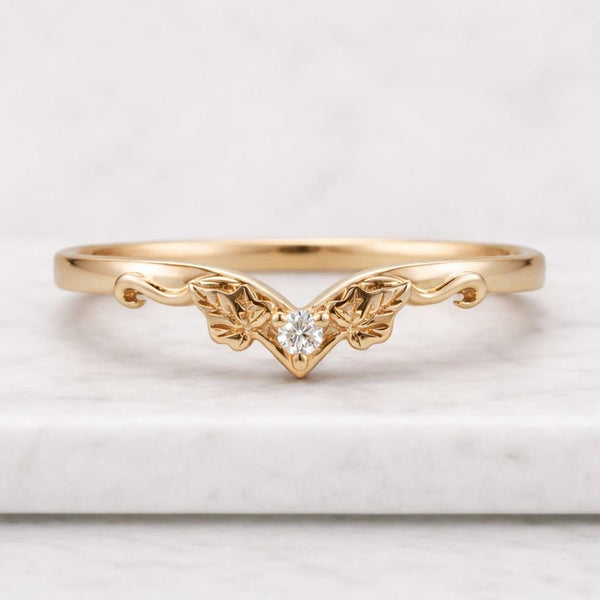 Maple Leaf Diamond Band, Nature Inspired Vine Ring, Certified Round Cut Natural Diamond Band, Botanical Stackable Matching Band, 14k Gold