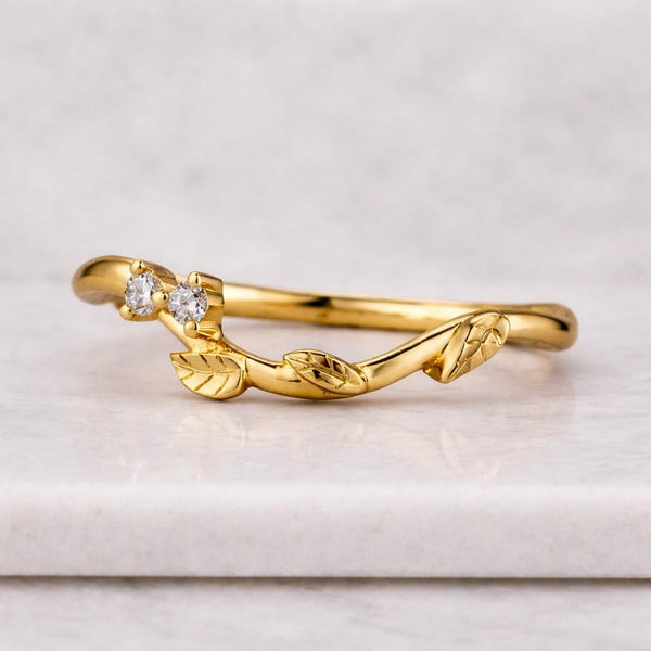 Nature Inspired Wedding Band, Curved Leaf And Floral Band, Round Lab Grown Stacking Ring, 14K Rose Gold Botanical Anniversary Ring, Handmade