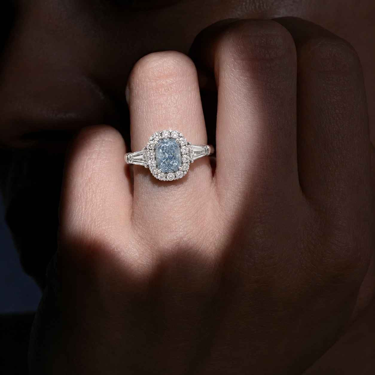 light blue ring icy blue ring pastel blue ring halo engagement ring tapered baguette ring three stone look vintage inspired ring luxury engagement ring bridal jewelry ring fine ring