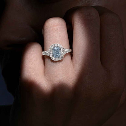 light blue ring icy blue ring pastel blue ring halo engagement ring tapered baguette ring three stone look vintage inspired ring luxury engagement ring bridal jewelry ring fine ring