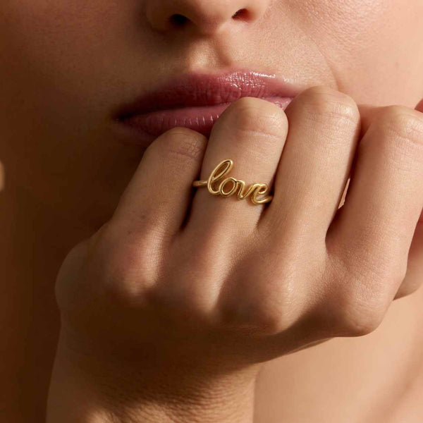 14K Solid Gold Love Ring, Script Love Jewelry, Dainty Love Rings, Stackable Rings, Minimalist Cursive Ring, Wedding Band, Statement Ring
