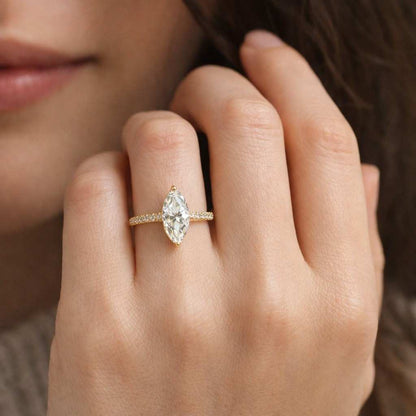 3CT Marquise Cut Lab Grown Diamond Proposal Ring, IGI Certified With 14K Gold Engagement Ring For Her, Hidden Halo Pave Set Anniversary Ring
