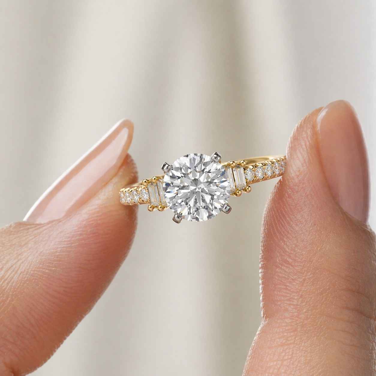 Round Cut Lab Grown Diamond Engagement Ring 14K Gold Pavé Band Solitaire Ring Gold Silver Rose Gold Options Handmade Bridal Jewelry For Her
