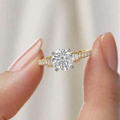 Round Cut Lab Grown Diamond Engagement Ring 14K Gold Pavé Band Solitaire Ring Gold Silver Rose Gold Options Handmade Bridal Jewelry For Her
