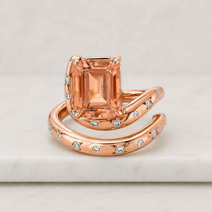 Emerald Cut Morganite Engagement Ring, Vintage Art Deco Peach Gemstone, 14K Yellow Gold Gemstone Ring Moissanite Side Stones, Gift For Her