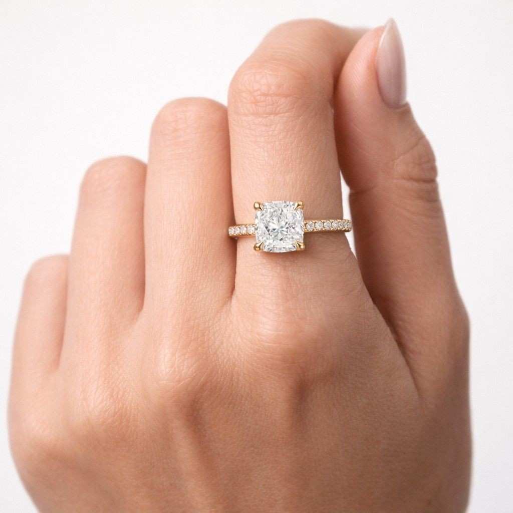 cushion cut moissanite engagement ring, 14k gold pave wedding band for women, crushed ice colorless gemstone, personalized handmade ring
