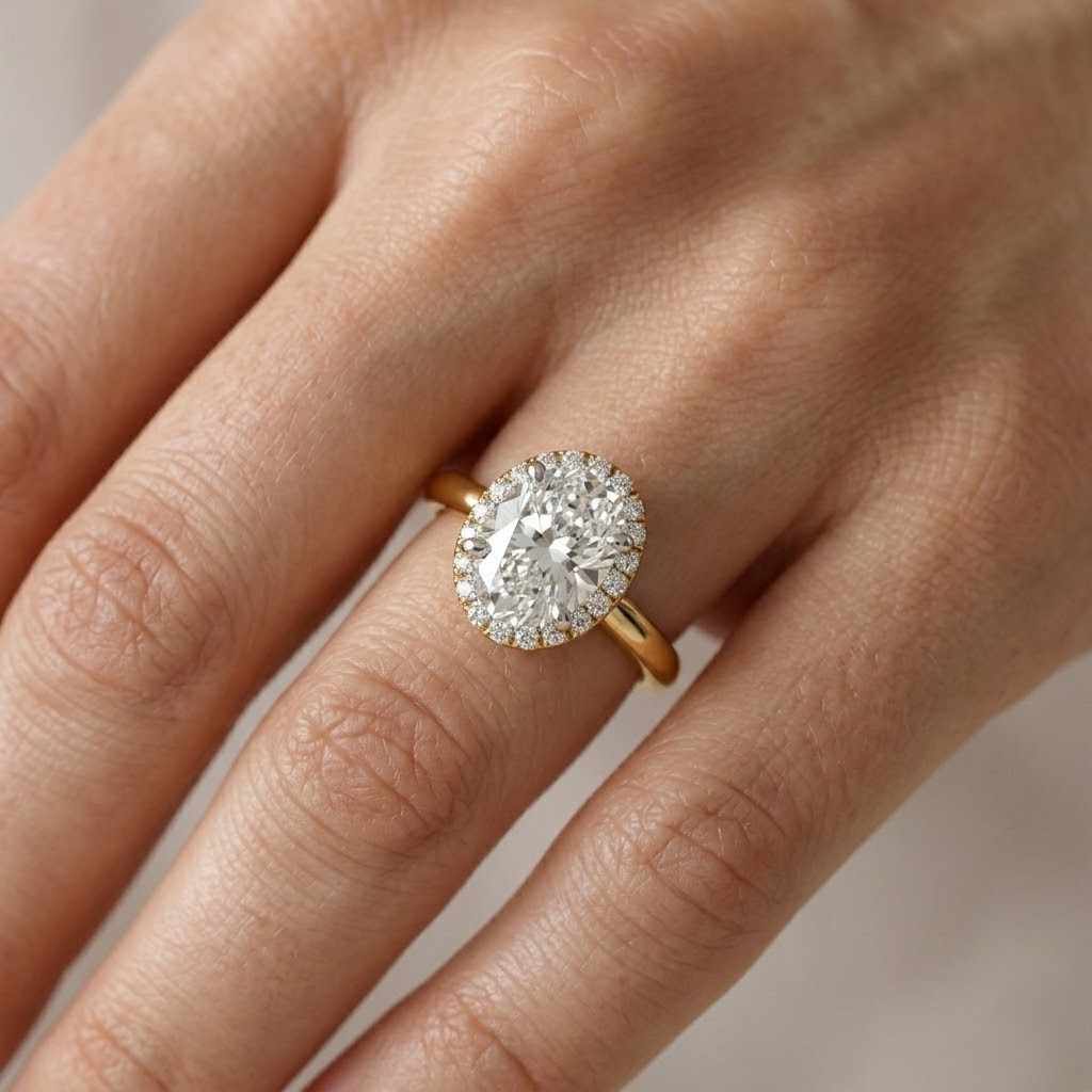 2.50 carat oval cut lab diamond halo ring, pave set lab grown diamond accent ring, prong set diamond ring, 14k white gold anniversary ring