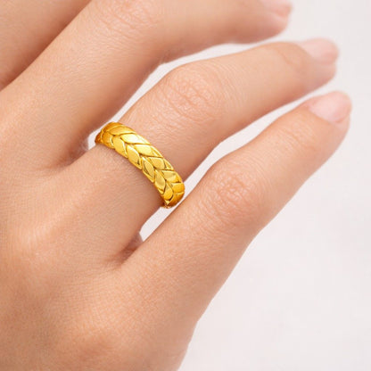 luxury ring elegant ring unique ring leaf pattern braid pattern woven band gold band metal ring jewelry ring gift ring trendy ring stylish ring simple ring clean design ring bright gold ring
